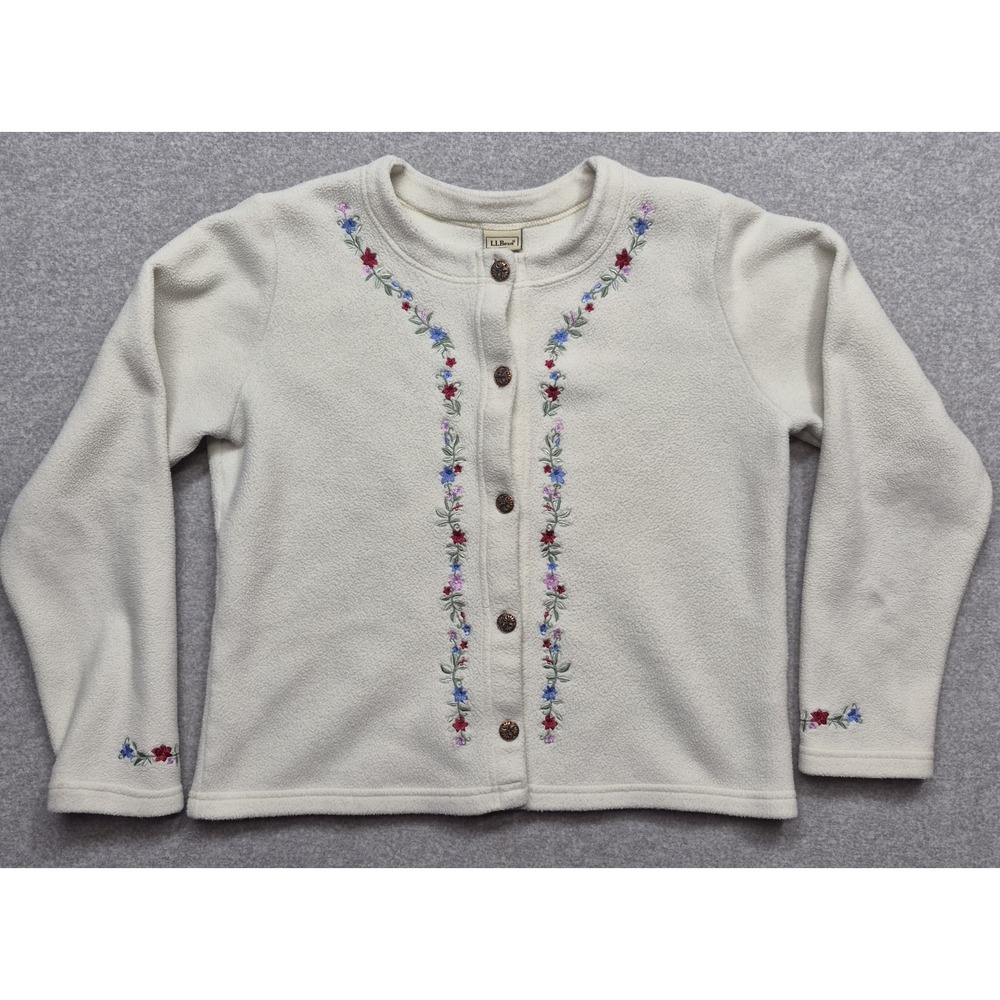LL Bean Polartec Fleece Cardigan Medium Ivory Floral Embroidery Button Sweater